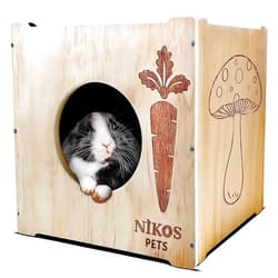 NIKOS PETS Wooden Rabbit Hideout, Rabbit Bed, Indoor Hutch, Bunny House Pet for Bunnies, Guinea Pigs, Outdoor Shelter Hut, Small Animal Hideaway, Bunny Playground (12.5 x 12.5 in)