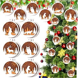 Soaoo 12 Pcs Christmas Farmhouse Rustic Ornaments Set 3D Hollow Reindeer Wood Hanging Ornament for Christmas Tree Ornaments 3.15 Inch Carving Gift Tags 3 Layer Reindeer Xmas Tree Ornaments, 6 Styles