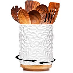25DOL Extra Large 360° Rotating Utensil Holder for Kitchen Counter, 8.3” Cooking Utensil Holder for Countertop with Bamboo Base, White Ceramic Utensil Crock Canister for Cooking Utensils - Engraved Design