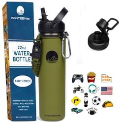 Canteenies Kids Water Bottle for School, 22 Oz, Straw Lid, Stickers, Vacuum Insulated Stainless Steel Double Walled, BPA Free Food-Safe, Leak-Proof Tumbler Travel Cup For Boys