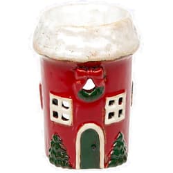 Shudehill Giftware Village Pottery Round Snowy Red House Ceramic Tealight Holder and Warmer for Wax Melts and Oil