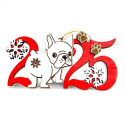 Crazytops French Bulldog 2025 Christmas Ornament – Wooden Frenchie Dog Tree Decoration with Paw Prints & Snowflakes for Frenchie Lovers & Pet Owners
