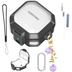 GAFKIDFO Secure Lock Cover for Galaxy Buds FE/2 Pro/Pro/Live Clear Case - 5in1 Kit Snap Switch Silicone Cover for Galaxy Buds Fe Case Accessories with Wrist Strap Cute Flower Pendant Keychain Cleaner Pen Black