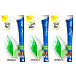 Paper Mate 660415 Liquid Paper DryLine Grip Correction Tape Dispenser, Pack of 3; Transparent Green Body; 1/5 inches Wide x 27.8 feet Long White Tape; Applies Dry, Rewrite Instantly; Swivel Tip