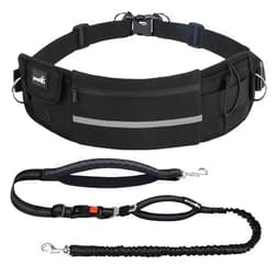 Pecute Dog Leash Hands Free with Pouch, Waist Belt Fanny Pack with Soft Pads, Dual Handles and Durable Bungee for Walking, Dog Seat Belt, Hiking, Running, Training, Black(Up to 180lbs)