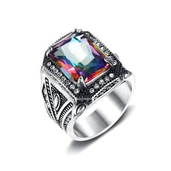 MIVEIVIA ICED OUT Eagle Crawl Multi-color Stone Rings for Men Square Pattern Religion's ring Stainless Steel Jewelry Rings for Men rings for Christian Heavy Metal ring Party
