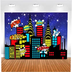 Mocsicka Superhero City Backdrop Kids Boys Birthday Banner Urban Night Glitter Sky Stars Boom City Buildings Background Bang Boom Skyscraper Children Portrait Photo Studio Props (7x5ft)