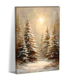 TEPAKIHI Winter Forest Sunlight Canvas Wall Art – Christmas Tree Snow Scene Painting, Large Winter Wall Decor for Living Room and Bedroom (12x16 inches)