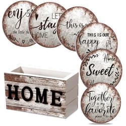Queekay Coasters Set of 6 House Warming Gifts New Home Wooden Farmhouse Drink Coasters with Holder 4'' Funny Decoration for Kitchen Family Coffee Bar Tabletop Protection(Rust Color)