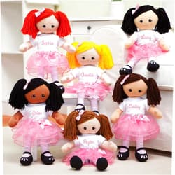 Personalized Planet Rag Doll with Custom Name Embroidered | Red Head Girl Dressed in White Shirt, Stripped Stockings with Pink Tutu Skirt | Red Hair with Removable Bow Clip