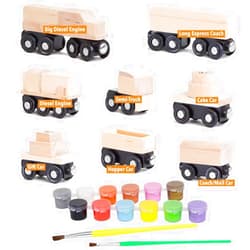 Orbrium 8 Unpainted Train Cars with 12 Colors Paint and Paint Brushes Set for Wooden Railway Compatible with Thomas, Chuggington, Brio, for Birthday Party Train Theme