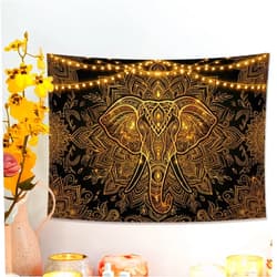 Generic Gold Elephant Black Tapestry, Mandala Bohemian Decorative Wall Hanging, Ethnic Aesthetic for Living Room, Bedroom, Meditation 40x30 Inch