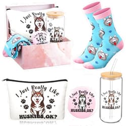 Kacctyen 5 Pcs Christmas Husky Gifts for Women Husky Dog Lover Gifts 16oz Glass Cup Tumbler with Lid Straw Makeup Cosmetic Bag Pocket Mirror Sock for Dog Mom Animal Lovers Birthday Party Favors
