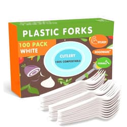HOGOWARE 100 Pack White Plastic Forks - Disposable Silverware & Cutlery Set | Heavy Duty Plasticware, Utensils for Party, BBQ, Picnic, Office, Home | Bulk Party Utensils, Cubiertos Desechables para Fiesta