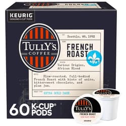 Tully's Coffee French Roast, Keurig Single Serve K-Cup Pods, Dark Roast Coffee, 60 Count, (6 Packs of 10)