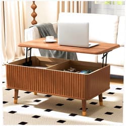 JOINICE Lift Top Coffee Table with Storage Shelf & Hidden Compartment, Mid Century Modern Fluted Rectangle Dining Table for Living Room, Home Office, Walnut