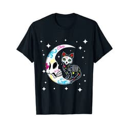 Bone Animal Lover Floral Día De Los Muertos Gift Animal Cat And Moon Souls Day Of Dead Dia De Los Muertos T-Shirt