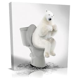 Custom Bed USA Canvas Wall Art Funny Animals Picture Prints, 12x12 inch Oil Painting Artwork Wood Gallery and Framed for Bathroom Wall Decor, Polar Bear Sitting on The Toilet