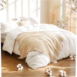 Bedsure 5 Pieces Cotton Comforter Set with Cotton Waffle Throw Blanket - Soft Breathable Bedding Set for All Seasons, White Queen Comforter, Pillow Shams, Beige 100% Cotton Blanket, Throw Pillow