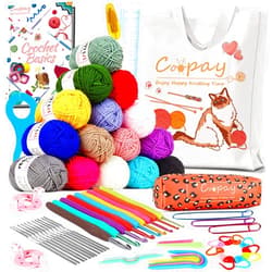 Coopay Crochet Kit Beginners Crochet Starter Kit with 15 Colors Yarn, 71PCS Crochet Beginners Set Amigurumi Crochet Kit for Kids/Adults, Cat Canvas Tote Bag Full Crochet Accessories & Instructions