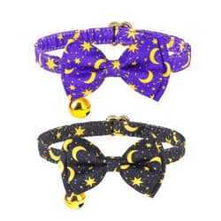 EXPAWLORER Breakaway Cat Collar with Bells- 2Pcs Adjustable with Bowtie for Girl Boy Kitten, Moon and Stars Pet Collar with Safety Buckle