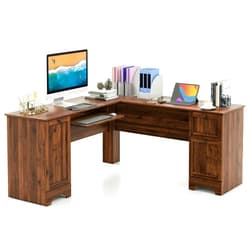 Tangkula L-Shaped Office Desk with Storage Drawers & Keyboard Tray, Home Office Corner Computer Desk with Cabinet & Inner Adjustable Shelf, Space-Saving Study Writing Desk, Computer Workstation