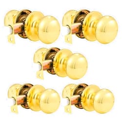 Probrico Round Door Knobs Passage Lock Polished Brass for Closet Hallway Passage Handle Keyless Lockset 5 Pack