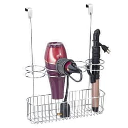 mDesign Metal Over Door Bathroom Hair Care & Styling Tool Organizer Storage Basket for Hair Dryer, Flat Irons, Curling Wands, Hair Straighteners - Hang Inside/Outside Cabinet Doors - Chrome
