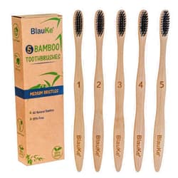 BlauKe Bamboo Toothbrushes Medium Bristles 5-Pack – Biodegradable, Sustainable, Natural, Eco Friendly – Black Charcoal Wooden Toothbrush Set