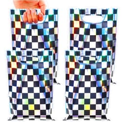 FunnyPars 50 Pcs Iridescent Checkered Race Car Party Favor Bags, Plastic Black and Iridescent Car Goodie Treat Bags, Racecar Laser Plaid Candy Gift Bags for Kids Fast Race Car Birthday Party Decorations