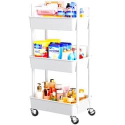Pipishell 3 Tier Rolling Cart Organizer, Plastic Rolling Cart with Lockable Wheels & Reinforced Handle, Lightweight Utility Cart Storage Cart for Nursery, Kitchen, Bathroom, Craft Room, White, PIUC14W