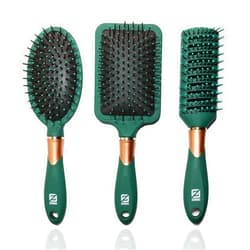Zuric Hair Brush,Men's and Women's Paddle Hair Brush and Comb Set Three wet hair brushes in a dark green color that are perfect for long hair and won't tangle