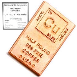 Unique Metals Half Pound Copper Bar Bullion Paperweight - 999 Pure Chemistry Element Design with Certificate of Authenticity by Unique Metals