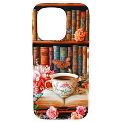 Books Coffee and Flowers Vintage Library Lovers Aesthetic Case for iPhone 15 Pro
