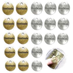 Juland 60PCS Handmade Metal Tags Alloy Hand Made Pendant Bead Charm Metal Label Tag Signs for DIY Jewelry Making Crafts Findings Gift – 14mm - Round Silver + Bronze