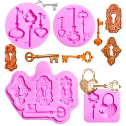 Acvcatto Key Chocolate Silicone Molds, 4 Packs Vintage Key Clay Mould for Birthday Wedding Lock Key Cake Decoration, Cupcake Toppers Resin Candy