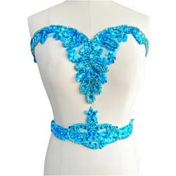 SimBae Large Size Pure handsewing Rhinestones Beads Applique for Dress Clothing Neckline and Waist Trim sew on Shining Crystal Sequins lace Patches one Set/Bag (Sky Blue)