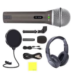 Liquid Audio Samson Q2U USB/XLR Dynamic Microphone Bundle with Over Ear Samson Stereo Headphones SR350, Pop Filter, Desktop Tripod, Mic Clip a Windscreen, USB Cable, XLR Cable & Polishing Cloth