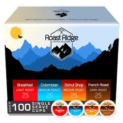 Roast Ridge Single Serve Coffee Pods for Keurig K-Cup Brewers, Variety Pack, Light Roast, Medium Roast, Dark Roast, 100 Count (25 each: Breakfast Blend, Donut Shop, French Roast, Colombian)