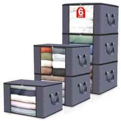 Fab totes 6 Pack Clothes Storage, Foldable Blanket Storage Bags, Storage Containers for Organizing Bedroom, Closet, Clothing, Comforter, Organization and Storage with Lids and Handle, Grey