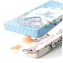 Dyoart Personalized Fitted Crib Bedding Sheet with Name, 2 Piece Crib Mattress Sheets for Baby Boys Girls, Mini Nursery Koala Elephant Crib Sheet Gifts for 0-3 Years Infant Baby