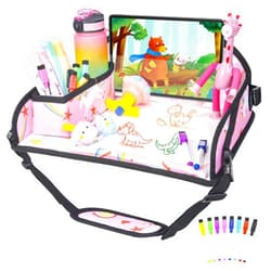 DxTing Upgraded Kids Travel Tray for Car Seat - Travel Tray for Car Airplane, Kids Car Seat Table Tray, Toddler Car Seat Lap Tray, Carseat Lap Desk for Kids Road Trip Activities, Pink Unicorn