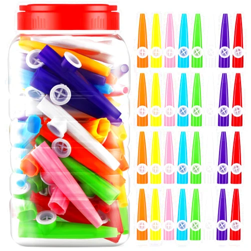 Jenaai 50 Pcs Plastic Kazoos Bulk with Bottle, Colorful Kazoo Musical Instrument for Kids, Good Companion for Guitar Violin Piano Keyboard Ukulele, Party Favors Gifts, 8 Colors