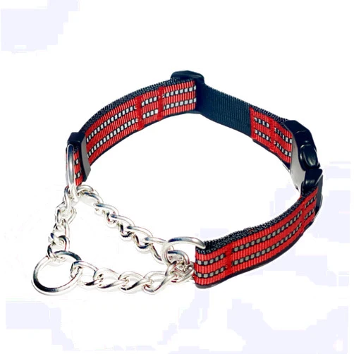 QICHENMAO Martingale Collars for Dogs, Heavy Duty Stainless Steel Chain Training Collar, Reflective Nylon Adjustable Collar with Quick Release Buckle, Suitable for Puppy Medium Large Dogs (Red,S)