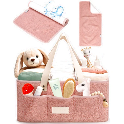 Toodly Baby Diaper Caddy Organizer with Portable Changing Mat - Teddy Fleece Diaper Organizer for Changing Table - Baby Basket for Diaper Changing Essentials - Baby Caddy Organizer with Removable Dividers