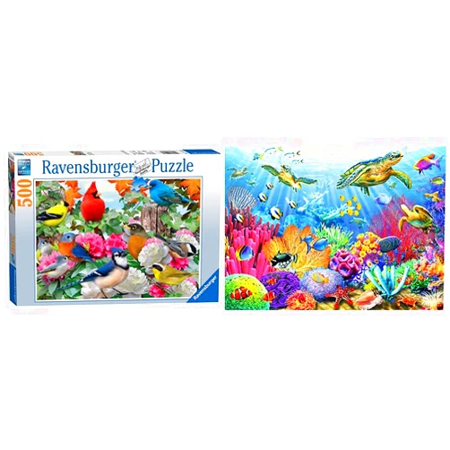 Ravensburger Garden Birds 500 Piece Jigsaw Puzzle, Blue, 19.5 x 14.25 Inch & Tropical Waters 500 Piece Jigsaw Puzzle for Adults – Every Piece is Unique, Softclick Technology Means Pieces Puzzle + Tropical Waters 500 Piece