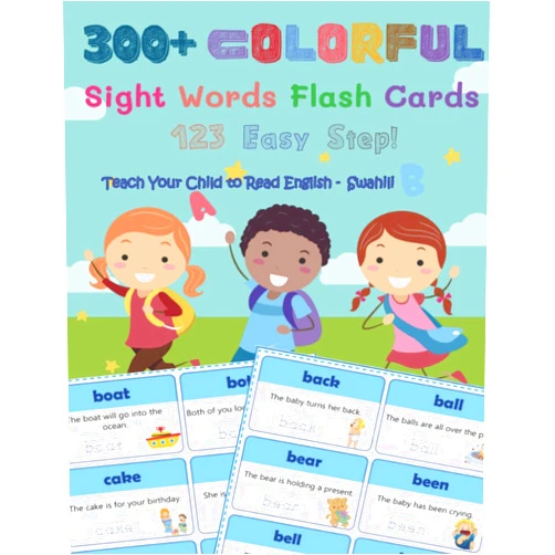 Stephanie Tingle 300+ Colorful Sight Words Flash Cards 123 Easy Step! Teach Your Child To Read English Swahili: Dolch words list all reading levels (Pre-K, ... and cartoons pictures book for kids ages 4-8.