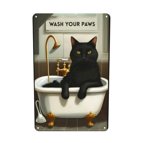 HUAGEXE Bathroom Wall Decorations.Funny Bathroom Signs Cat Decor Tin Signs Vintage Wall Art Decoration Living Room Bathroom Kitchen Poster Decor 8x12 Inch -WASH YOUR PAWS