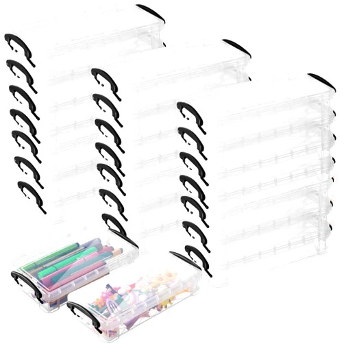 Gueevin 24 Pcs Large Capacity Plastic Pencil Box Clear Plastic Pencil Case Crayon Box with Snap Tight Lid Watercolor Pen Storage Brush Box Organizer Drawing Tools Container(Black)