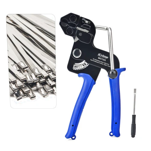 ICRIMP IWISS WCT322 Stainless Steel Cable Tie Gun Kit for Fastening and Cutting up to 12mm Width Metal Zip Ties, c/w 100 Pieces Stainless Steel Cable Zip Ties, Zip Tie Gun